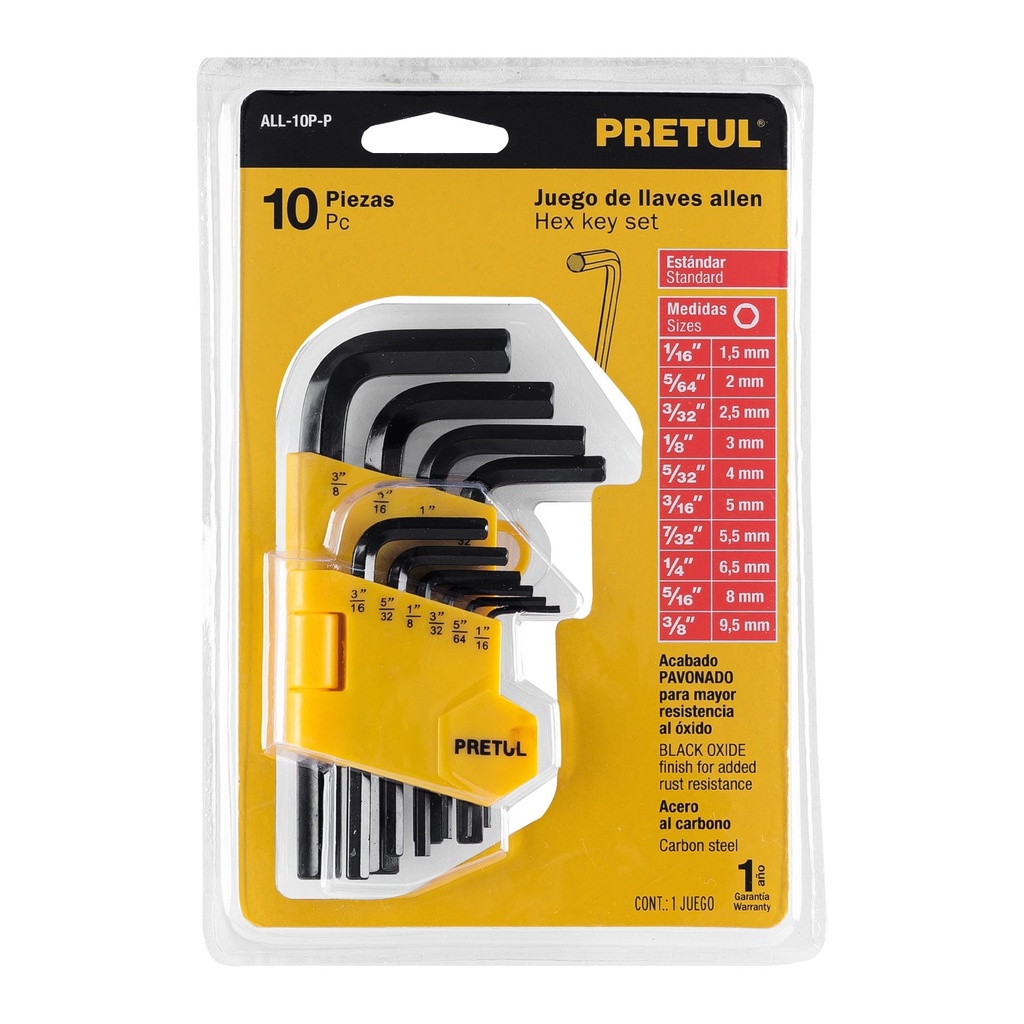 JUEGO 10 LLAVE ALLEN 1/16-3/8 PRETUL