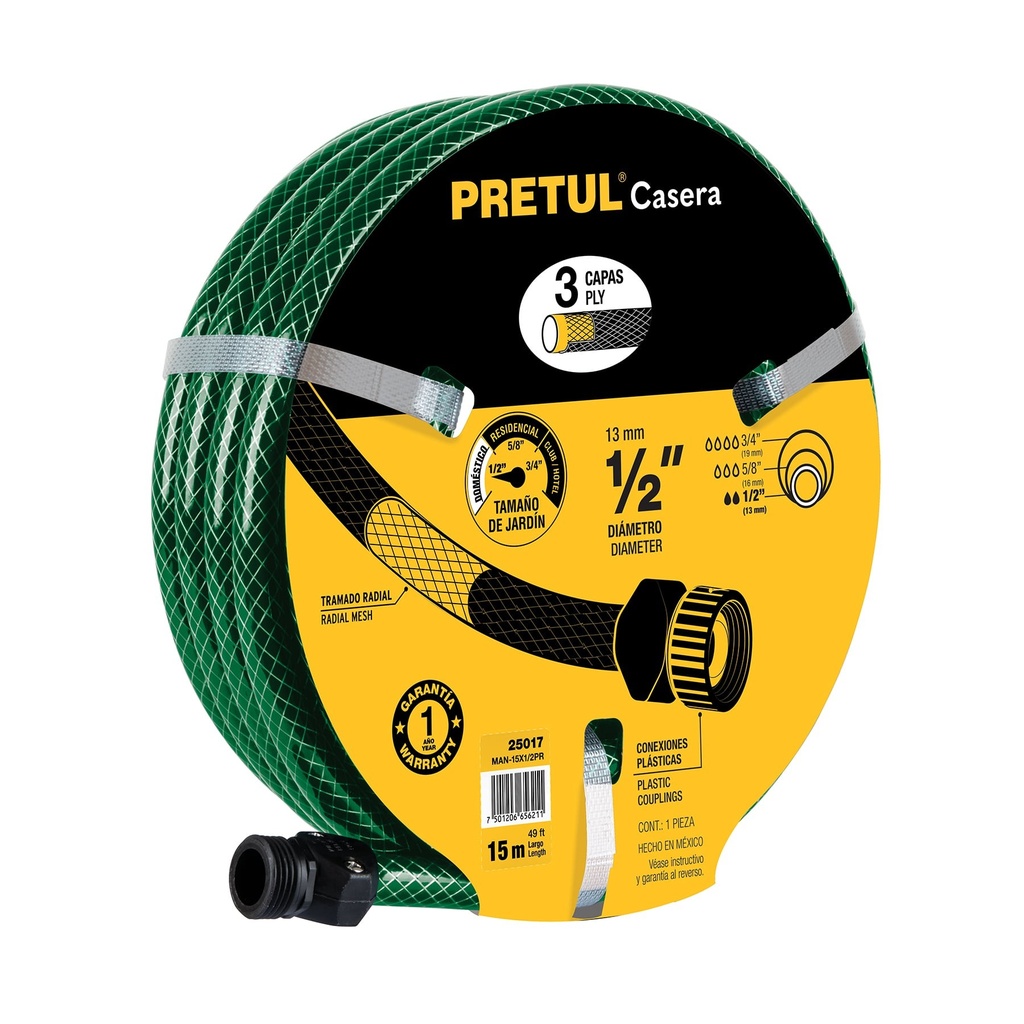 MANGUERA REFORZADA 3 CAPA CONEXION PLASTICO DE 1/2 X 15MTS PRETUL