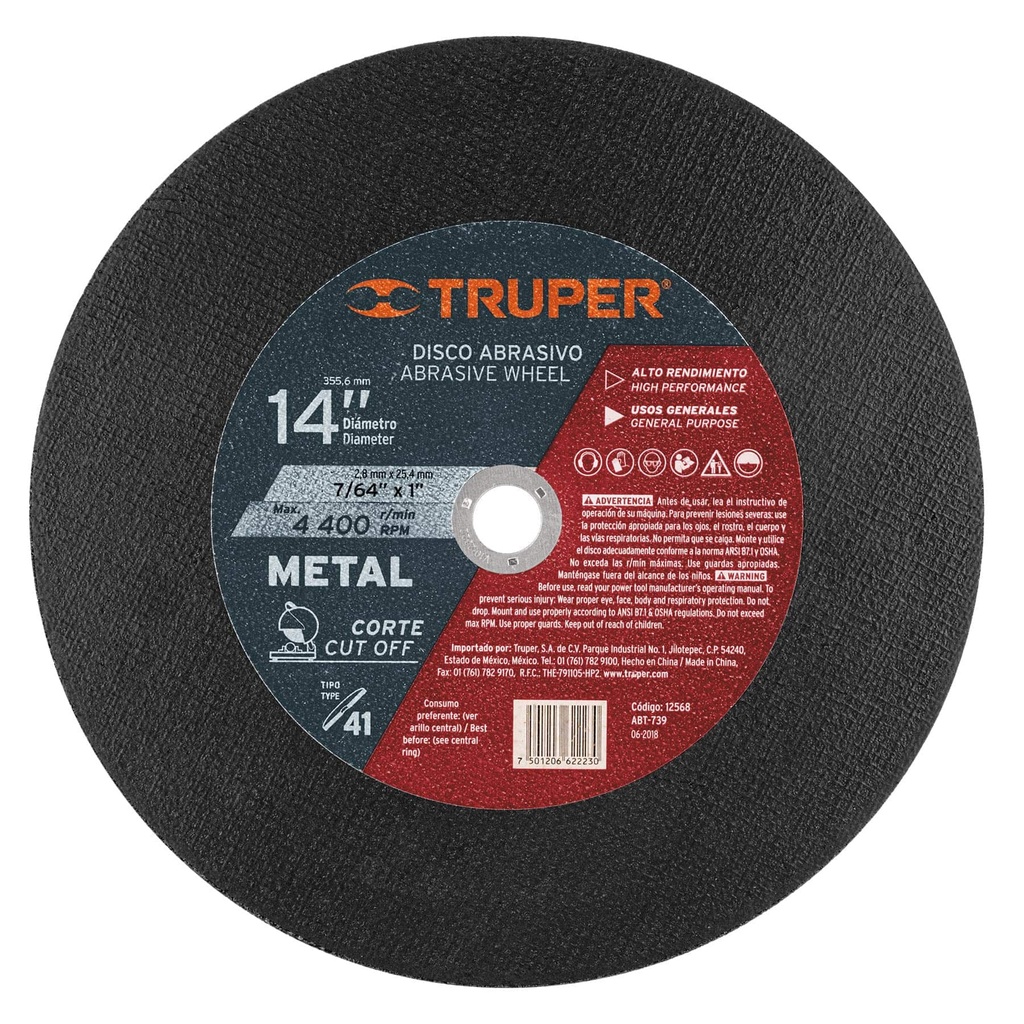 DISCO CORTE METAL PARA TRONZADORA 14 TRUPER