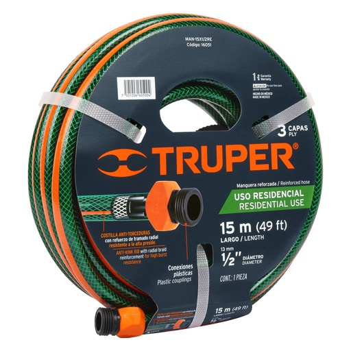 [16051] MANGUERA REFORZADA 3 CAPAS DE 1/2 X 15MTS TRUPER